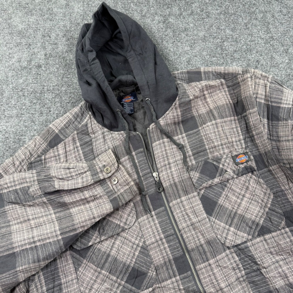 Dickies Hooded Flannel Jacket Size XL Grey Plaid Quilted Lined Men's